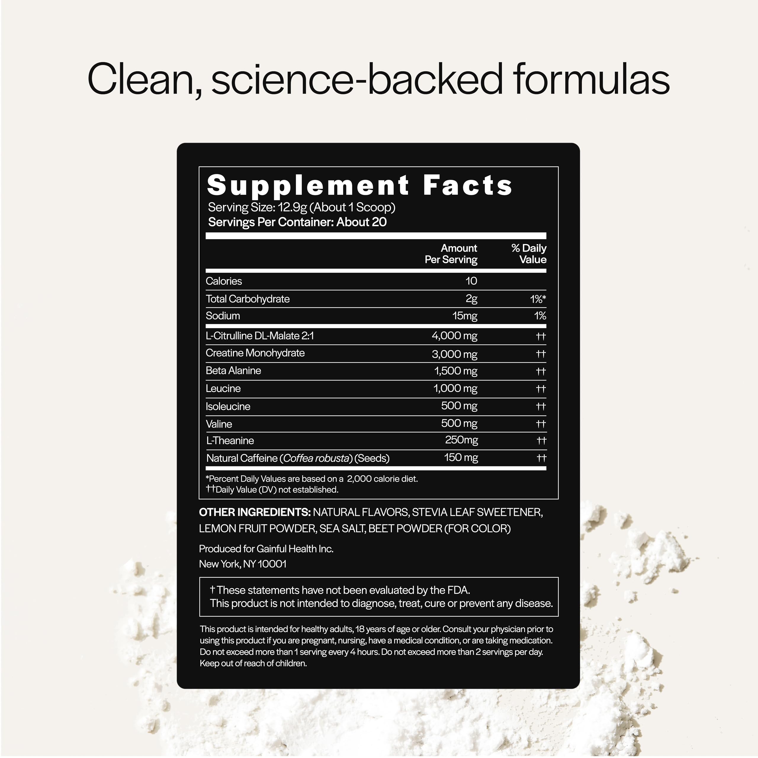 Front view of Gainful Performance Pre-Workout tub ready to mix before training.