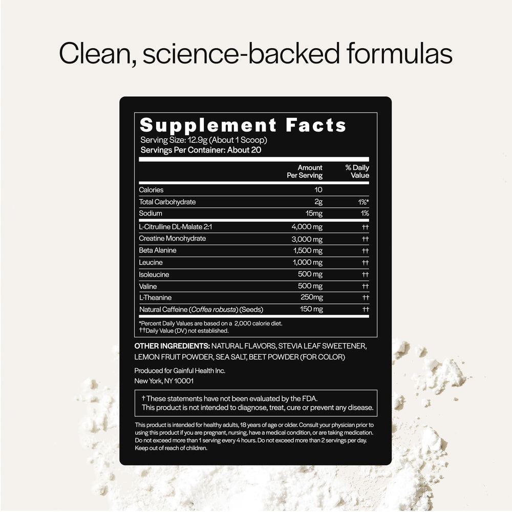 Front view of Gainful Performance Pre-Workout tub ready to mix before training.