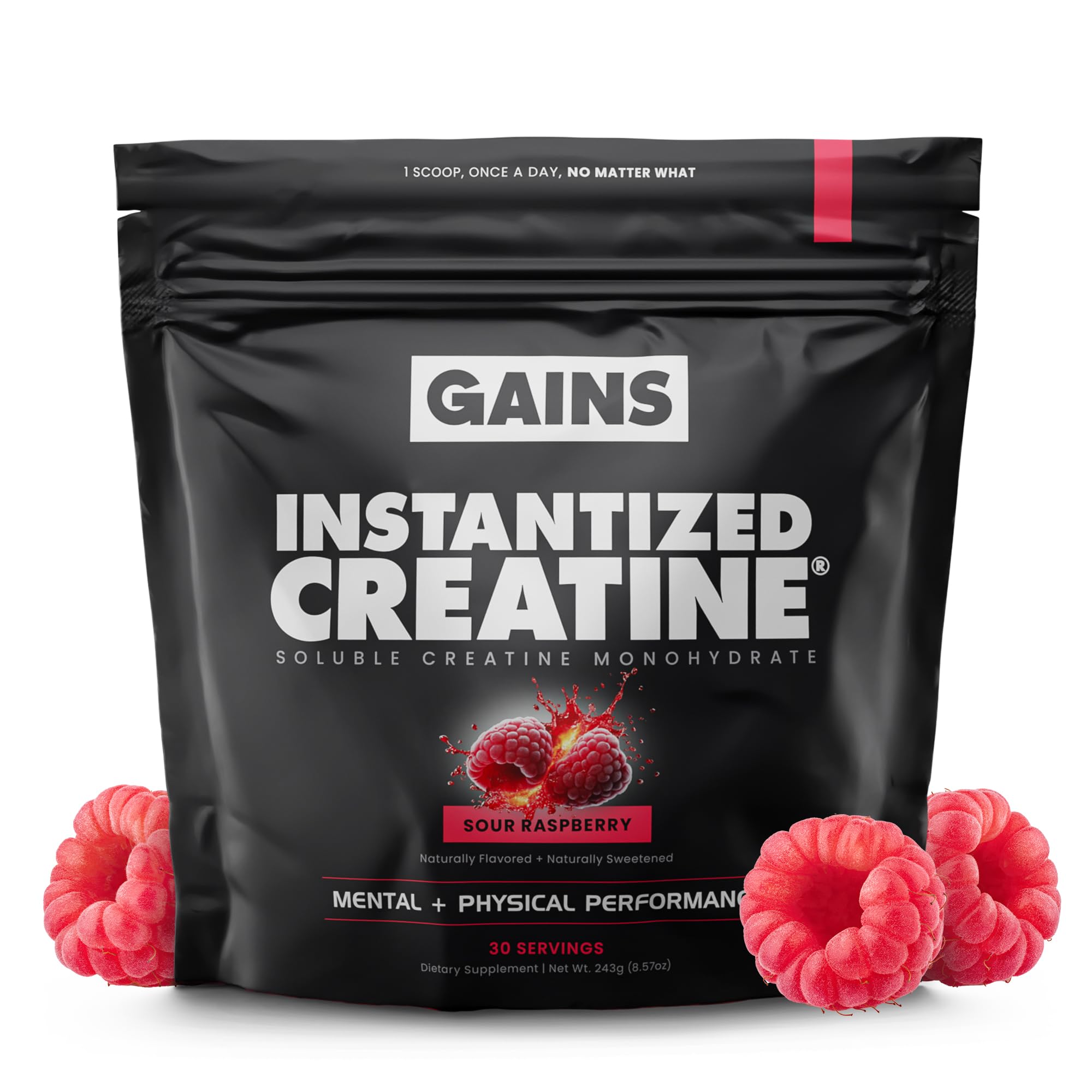 GAINS IN BULK instantized creatine powder jar for quick, clean dissolution and muscle support.