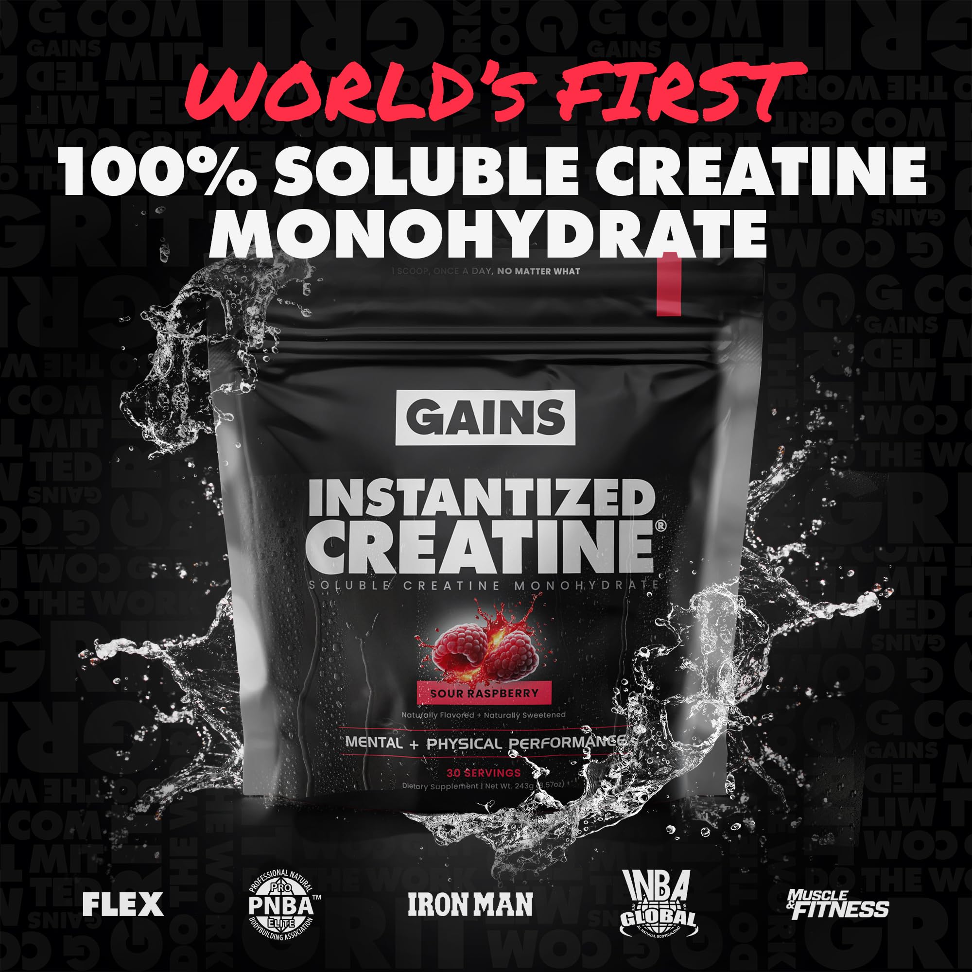 GAINS IN BULK instantized creatine scoop dissolves rapidly in water for smooth mixing.