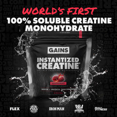 GAINS IN BULK instantized creatine scoop dissolves rapidly in water for smooth mixing.