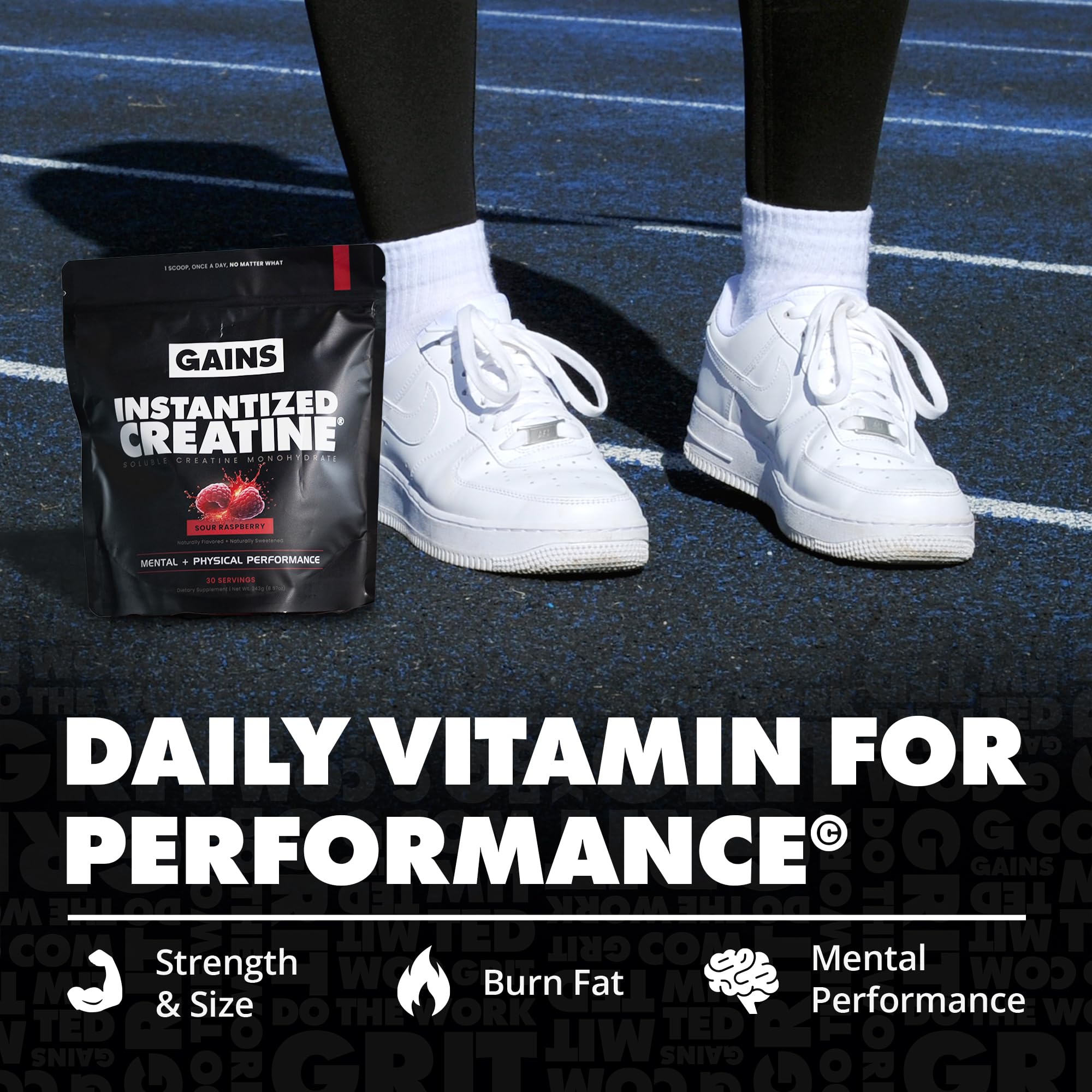 GAINS IN BULK instantized creatine mix shown in shaker for easy pre- or post-workout shakes.