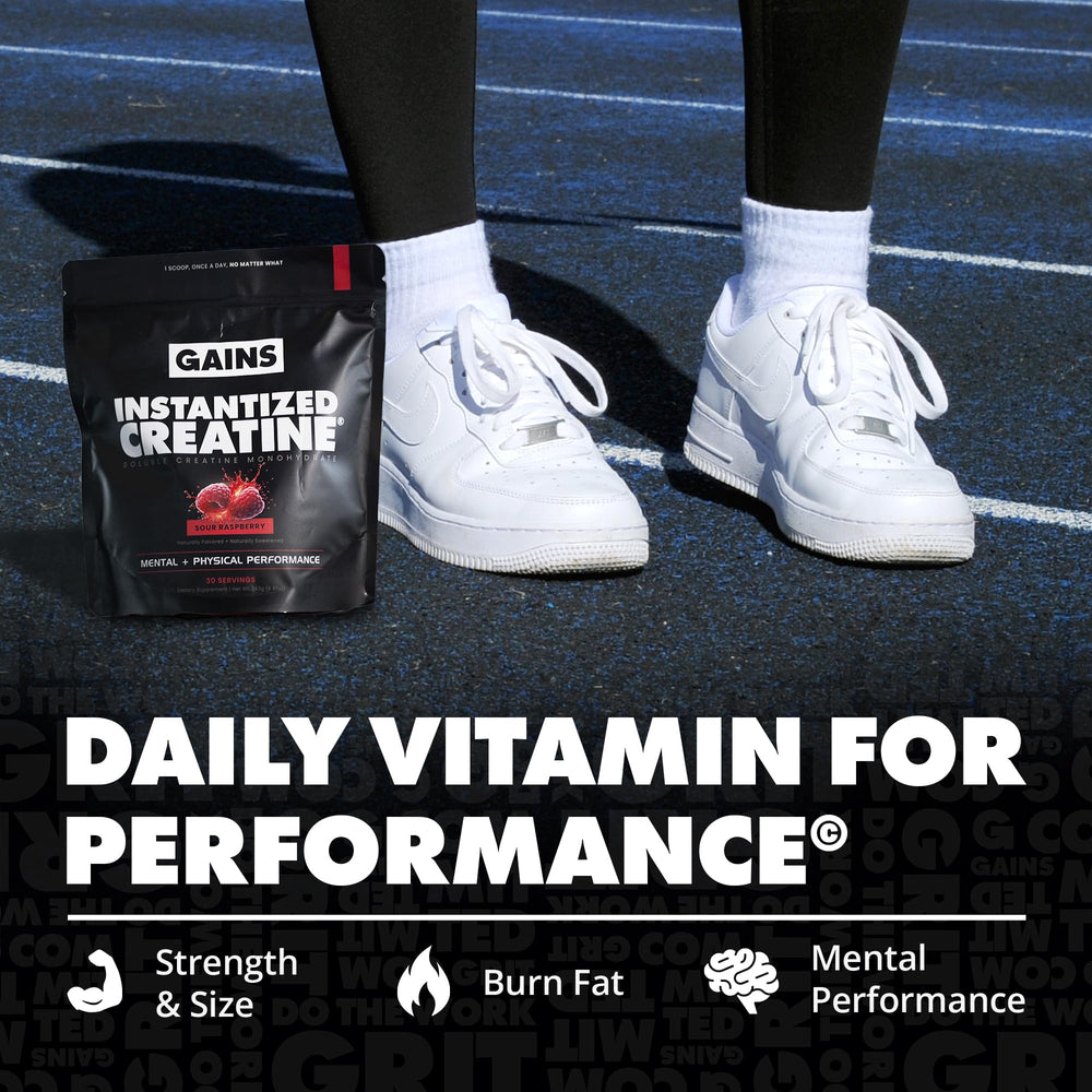 GAINS IN BULK instantized creatine mix shown in shaker for easy pre- or post-workout shakes.
