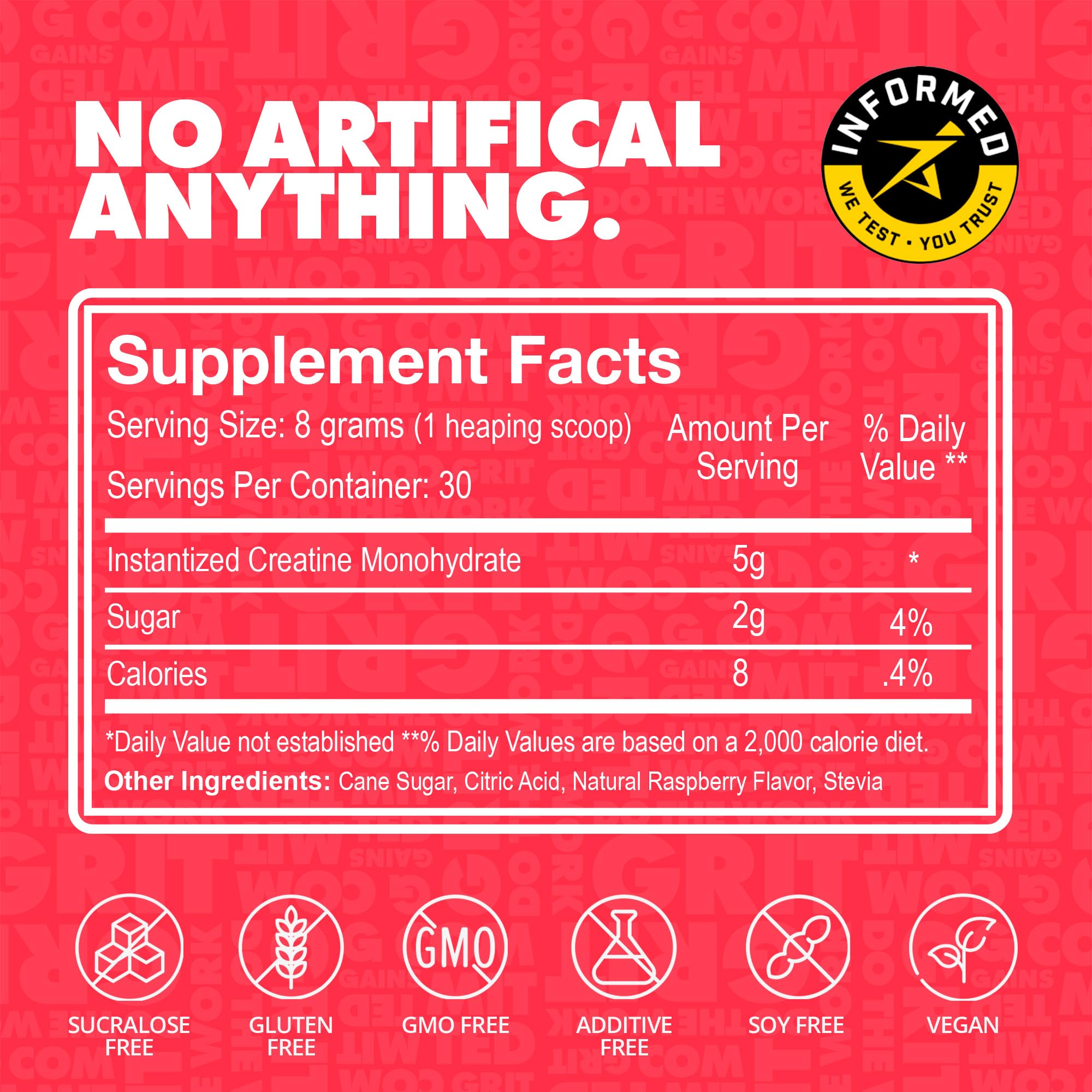 GAINS IN BULK creatine serving guide shown with a glass of water.