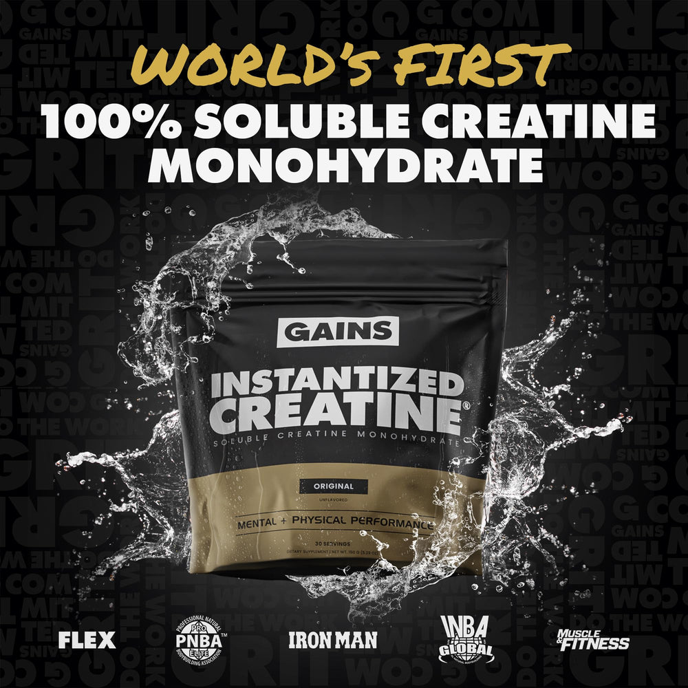 Gains in Bulk Instantized Creatine dissolves clear in water for smooth shakes.