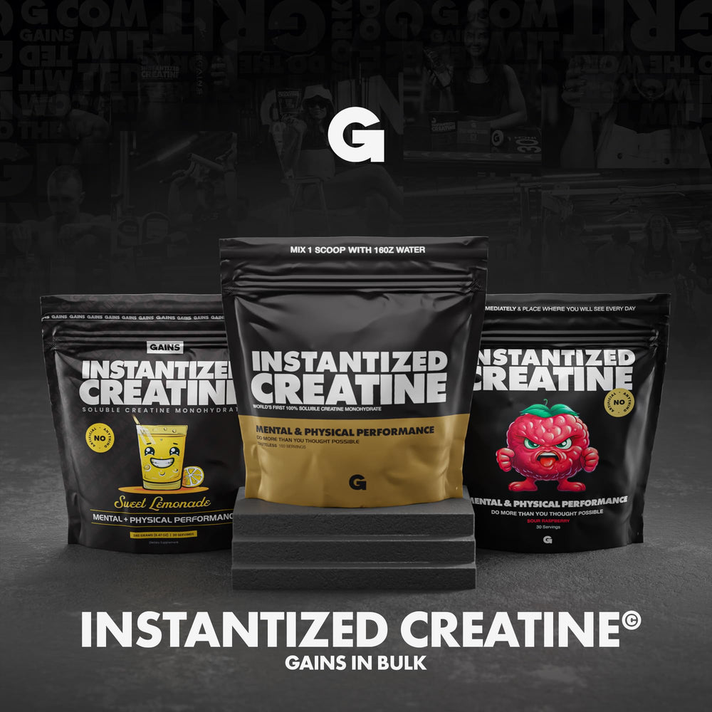 GAINS IN BULK 100-serving tub fits in a gym bag for daily use.