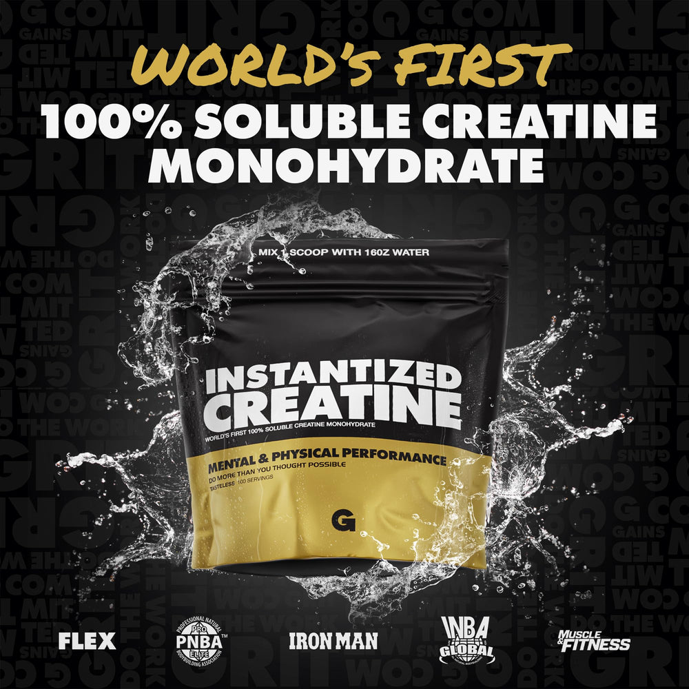 GAINS IN BULK Creatine powder scoop measures a precise daily serving.
