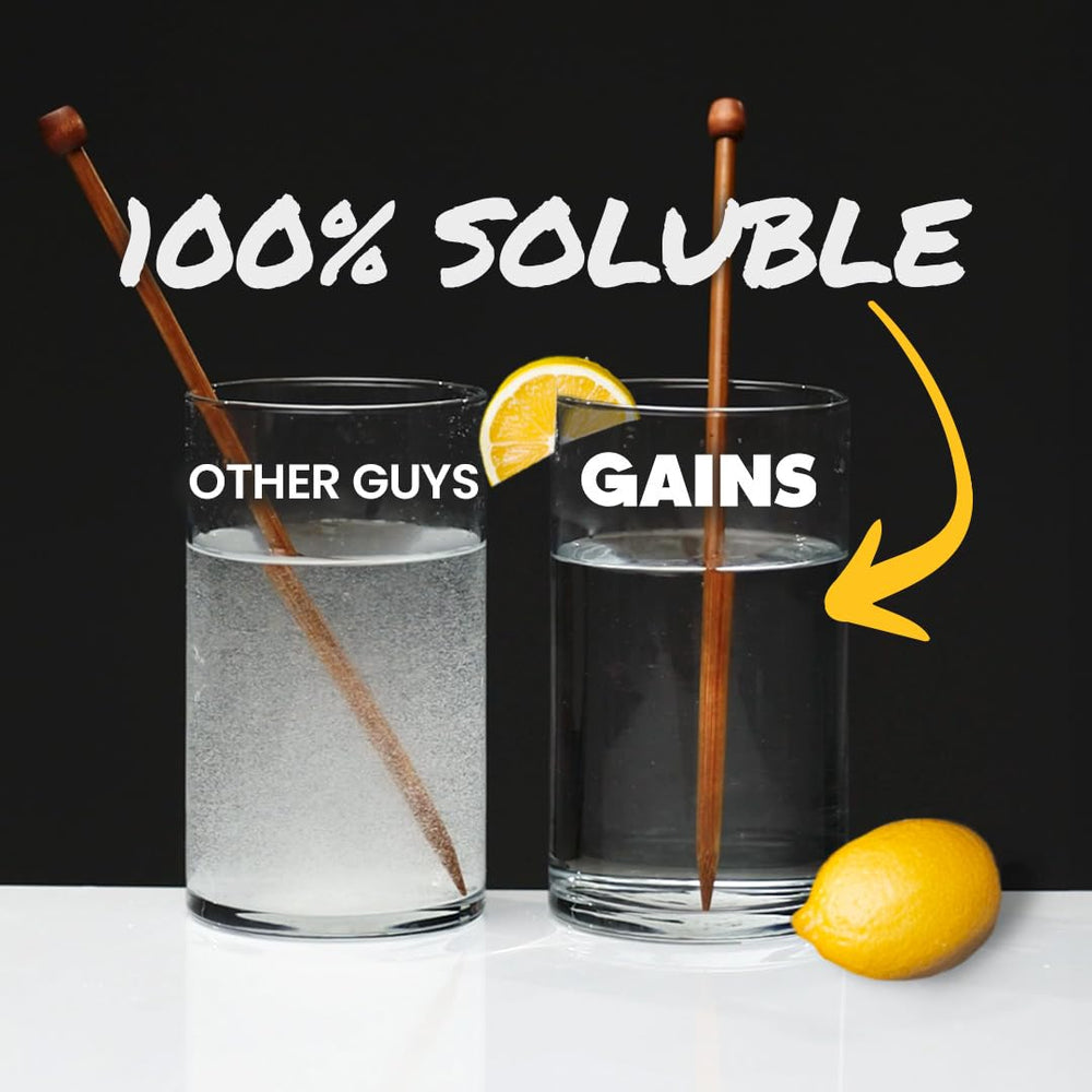 Gains in Bulk creatine powder dissolves clear in water with no grit.