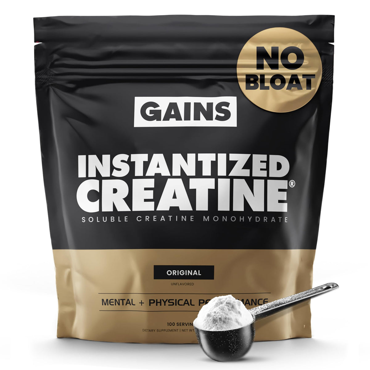 GAINS IN BULK Instantized Creatine Monohydrate bottle pour boosts clean workout energy.