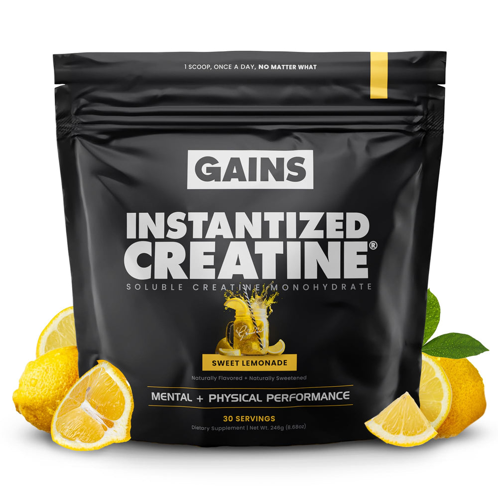 Gains in Bulk instantized creatine powder bottle pouring for fast, smooth dissolution.