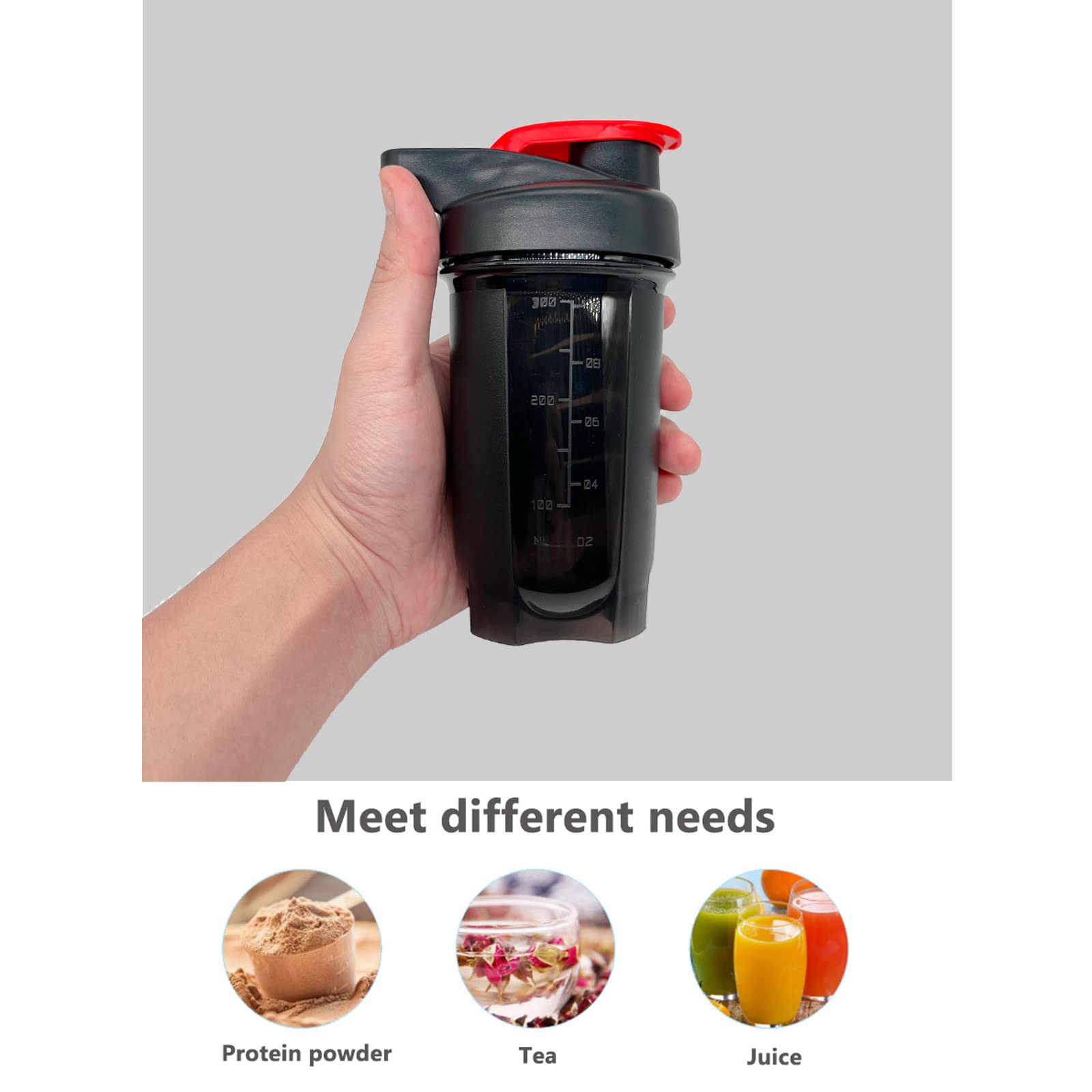 Shaker with embossed ounce and milliliter markings for accurate measurements.
