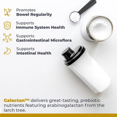Premier Research Labs Galactan prebiotic powder stirred into water for gut-friendly fiber.