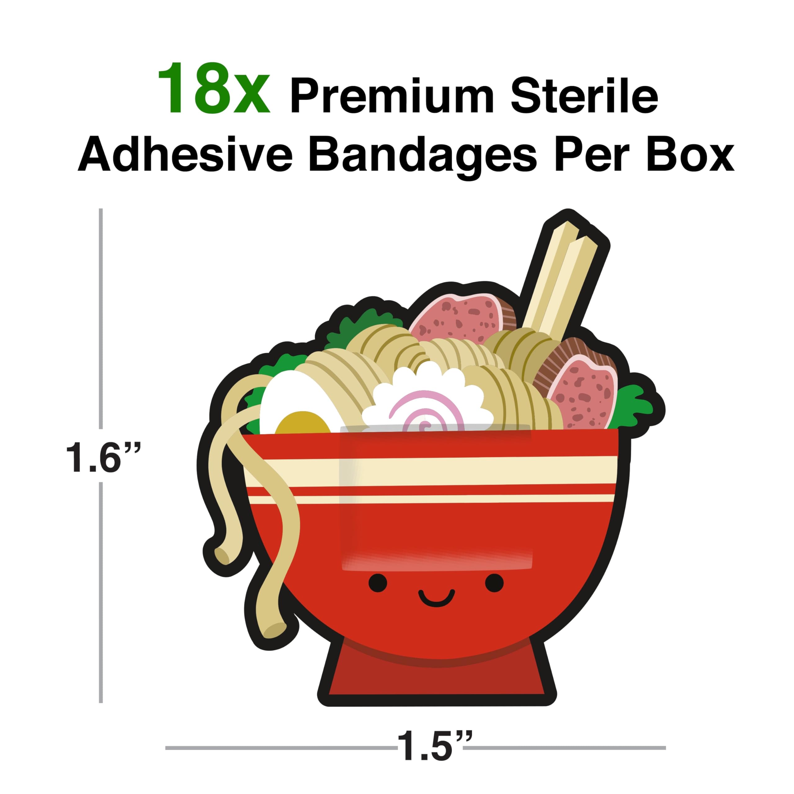 GAMAGO ramen bandages pack-detail highlighting sterile, individually wrapped plasters.