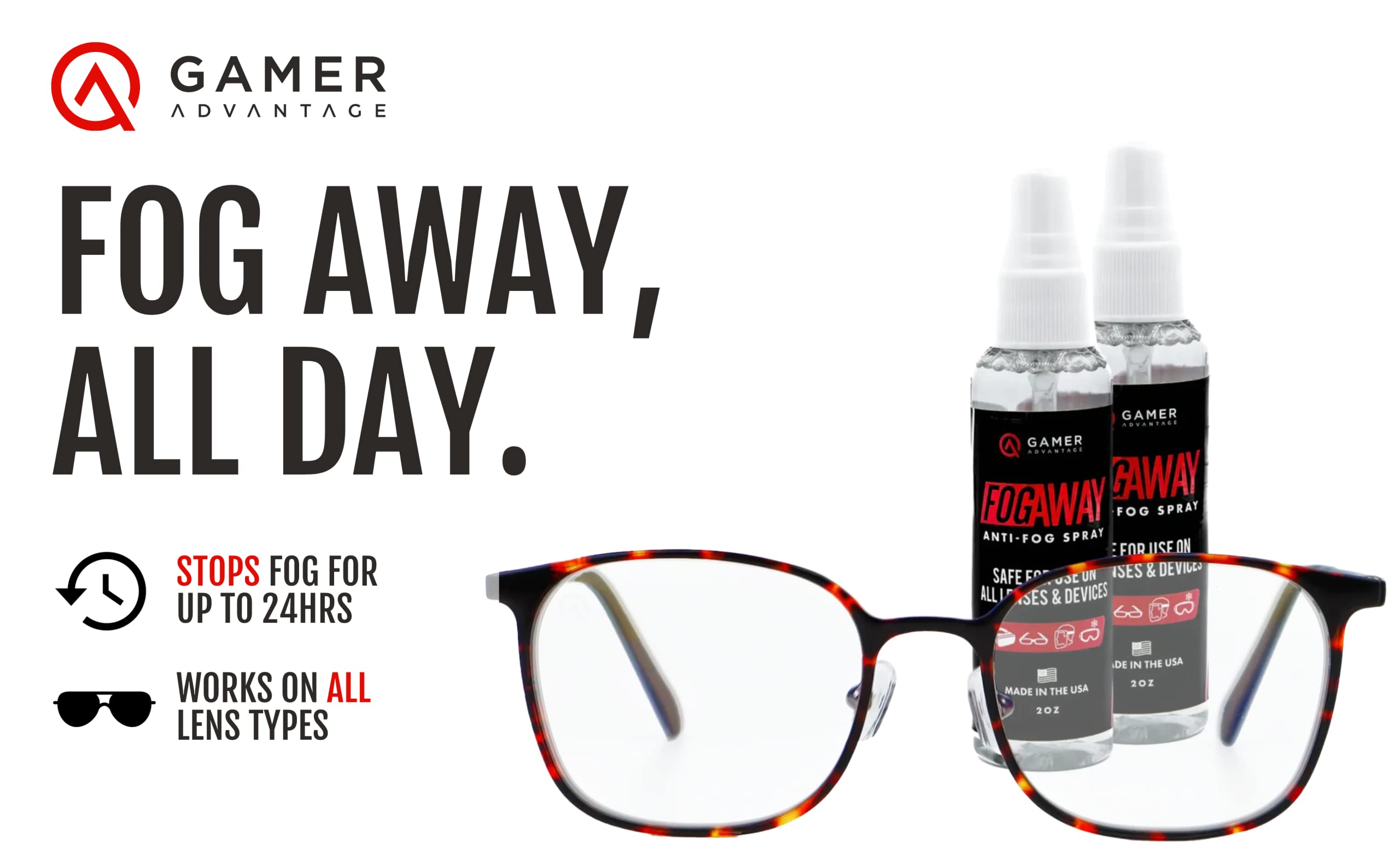 Gamer Advantage FogAway glasses and goggles ready for fog-free sessions