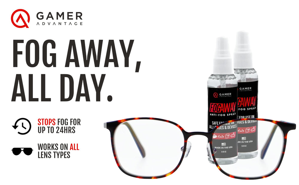 Gamer Advantage FogAway glasses and goggles ready for fog-free sessions
