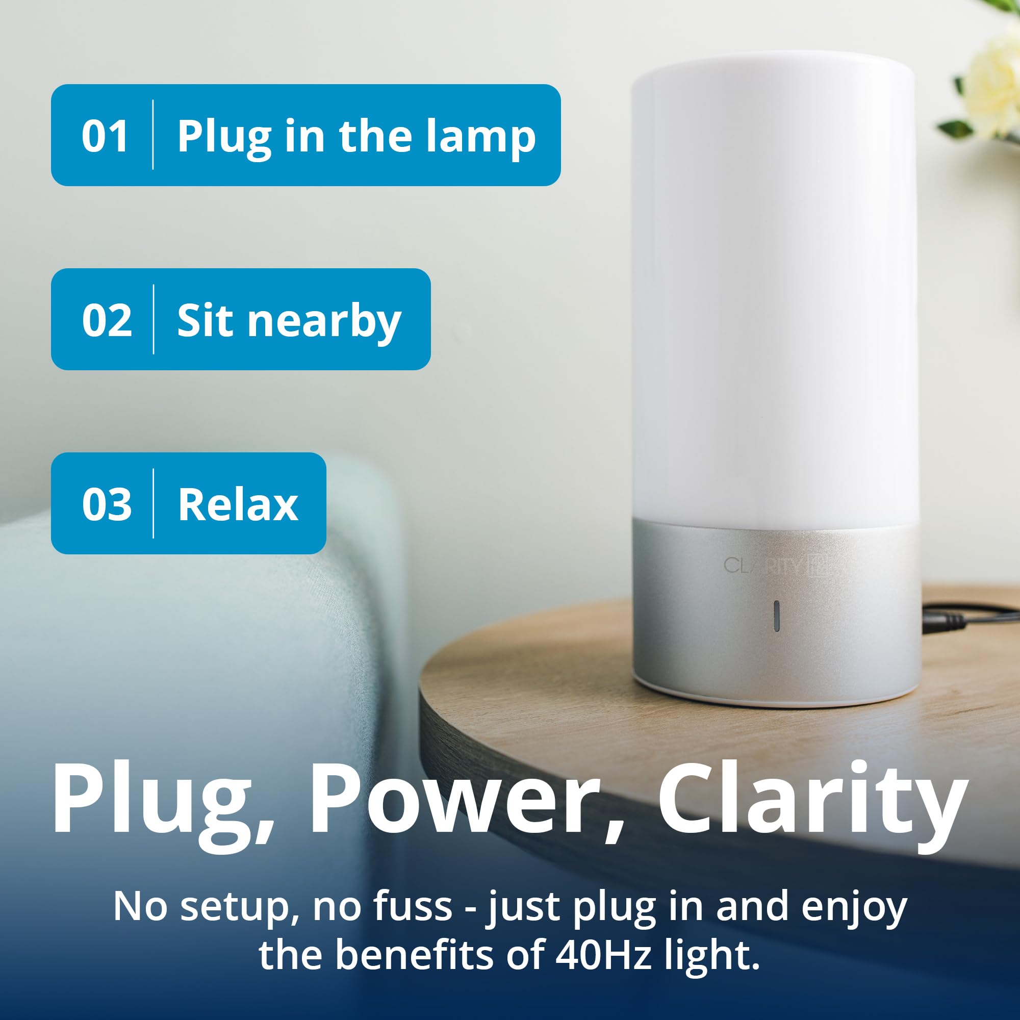 Gamma Clarity 40Hz lamp closeup activation shows plug-and-play setup