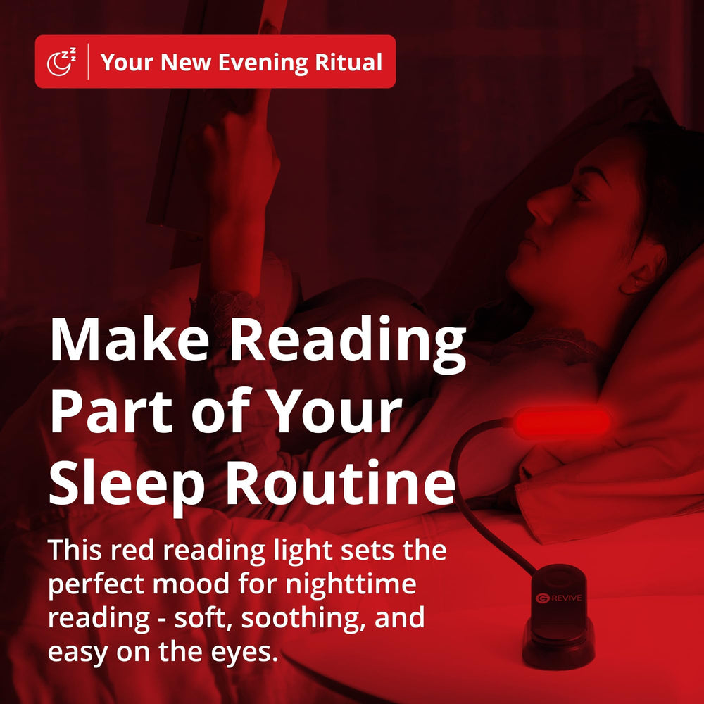 Gamma Revive cozy night reading scene with dim, relaxing light.