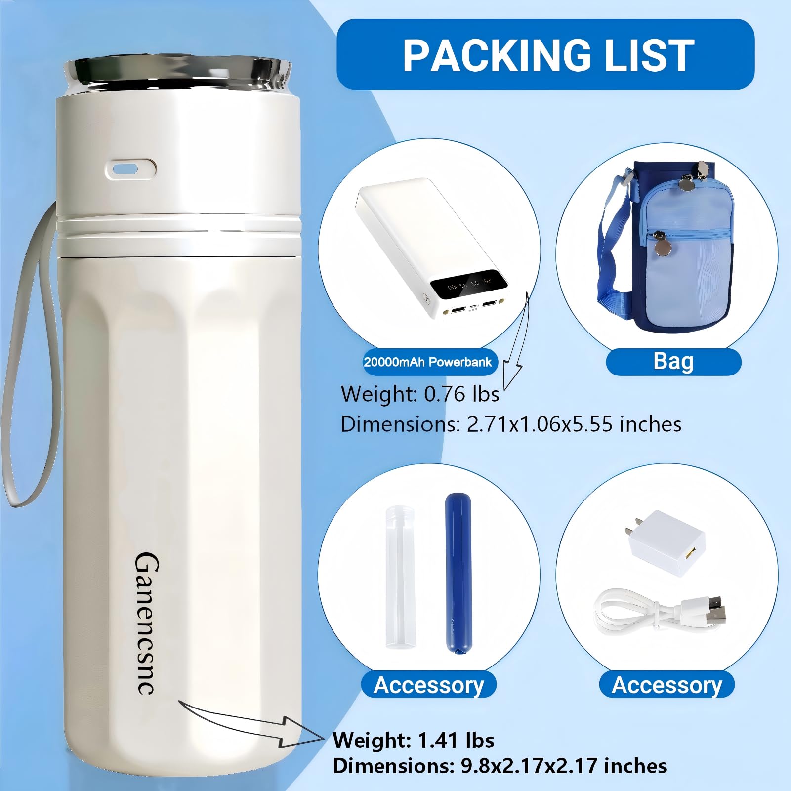 Ganencsnc insulated backpack and charging cable included for travel.