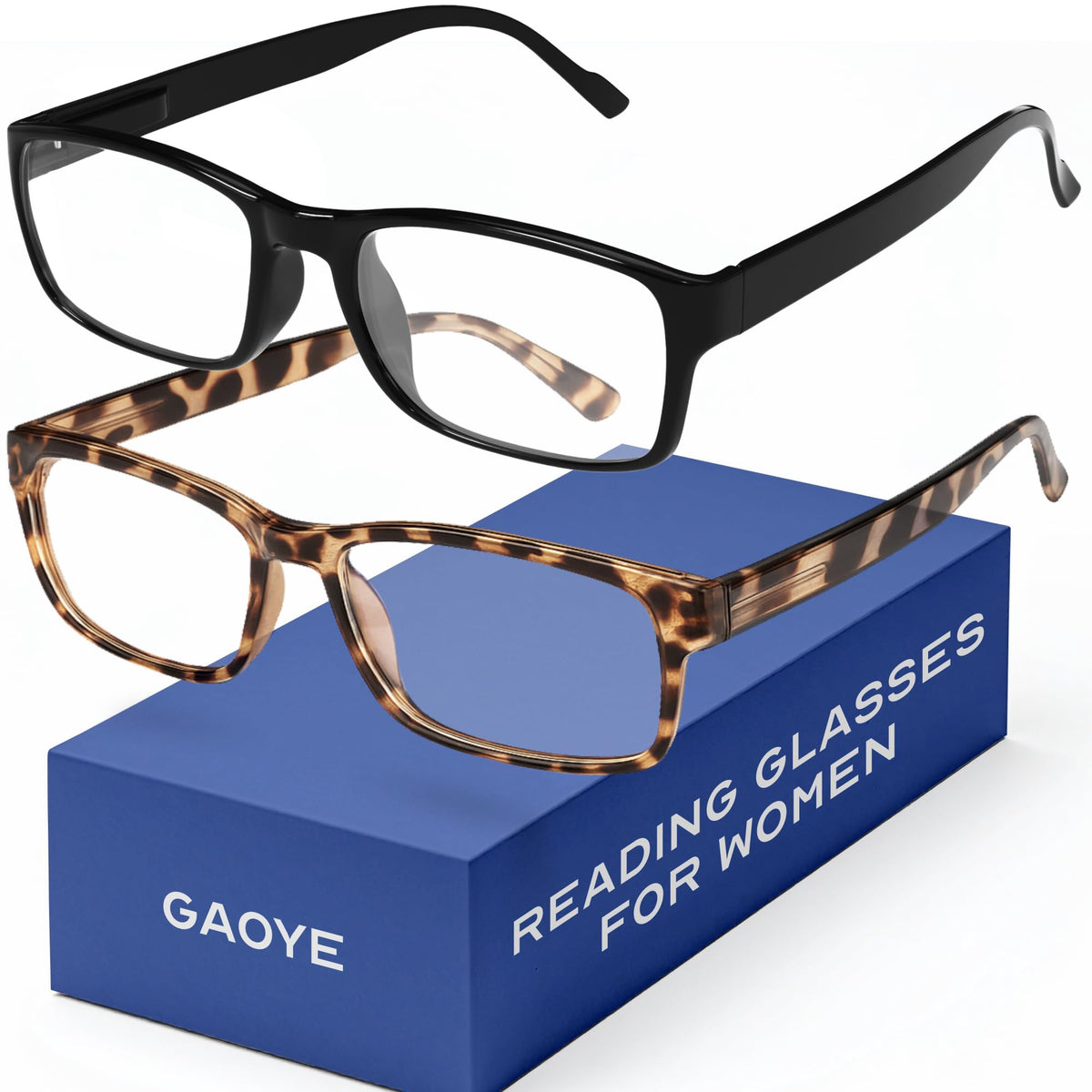 Gaoye 2-pack reading glasses with rectangle frames in black and leopard for everyday reading.
