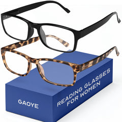 Gaoye 2-pack reading glasses with rectangle frames in black and leopard for everyday reading.