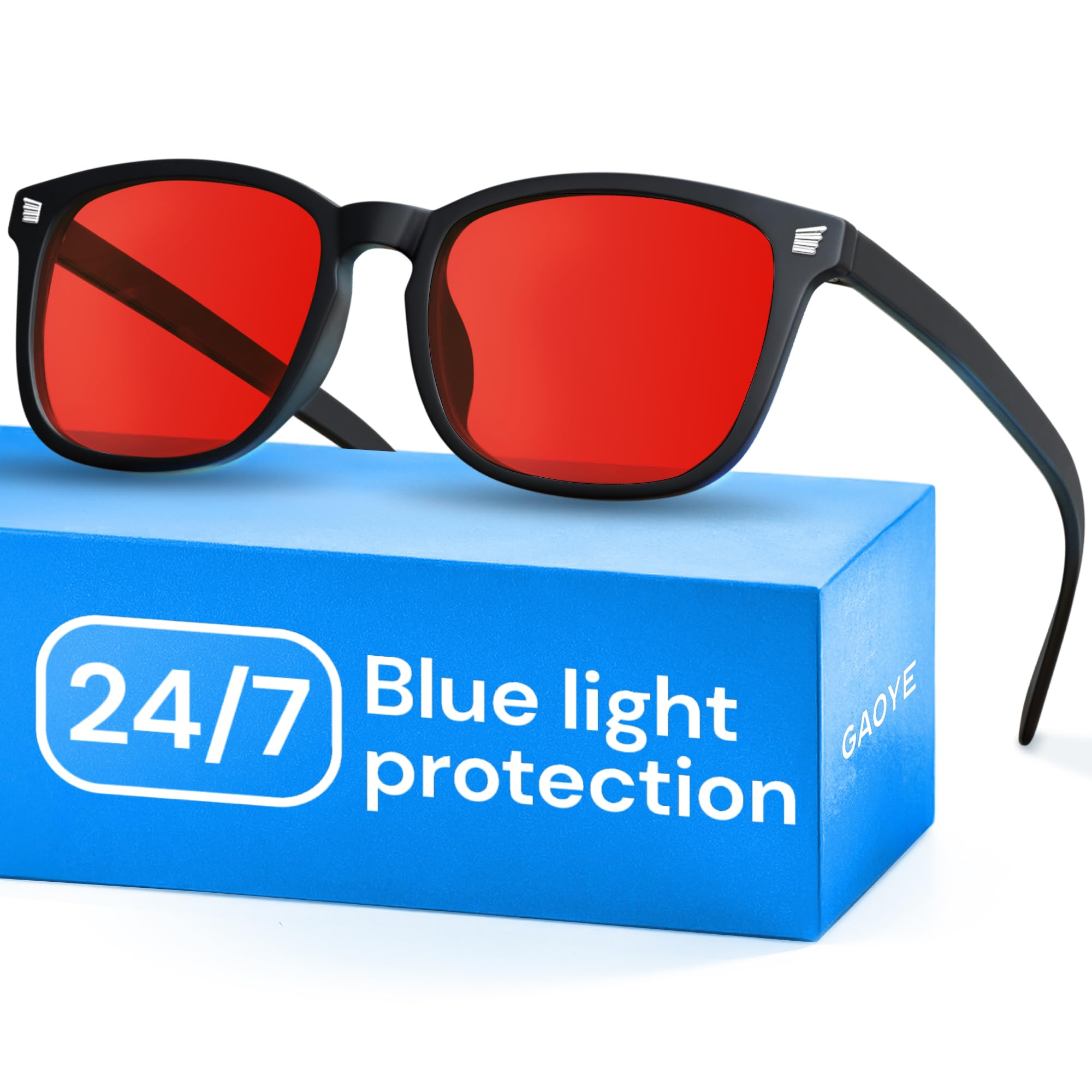 Gaoye black glasses with red lenses front view for gaming and work