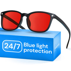 Gaoye black glasses with red lenses front view for gaming and work