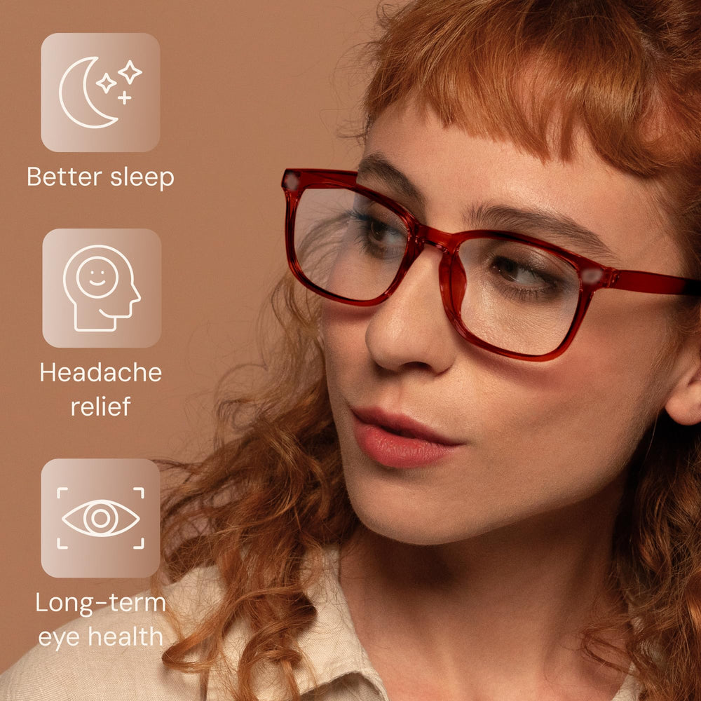 Gaoye amber-tinted lens close-up highlighting blue light filtering for screens
