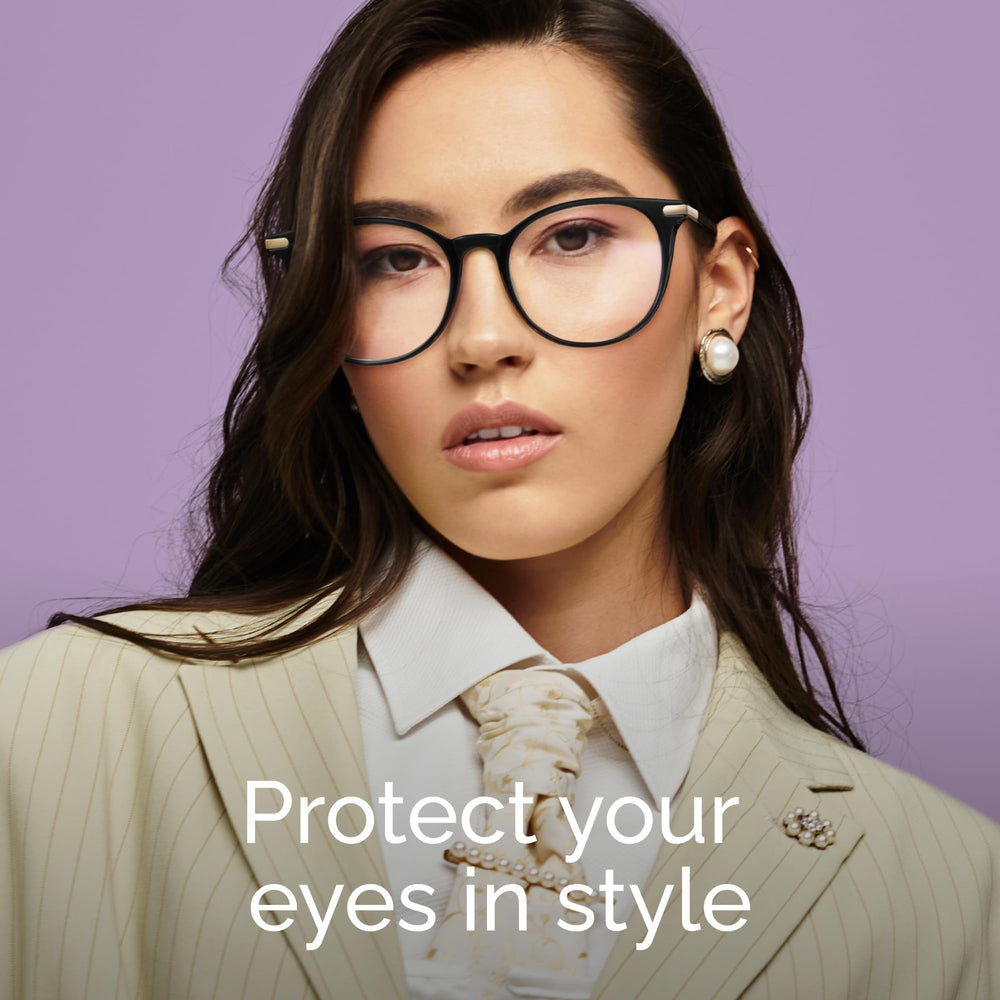 Gaoye model wearing Gaoye blue light glasses in a busy office