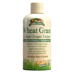 Garden Greens Wheat Grass Liquid bottle highlighting lemon flavor and chlorophyll-rich formula.
