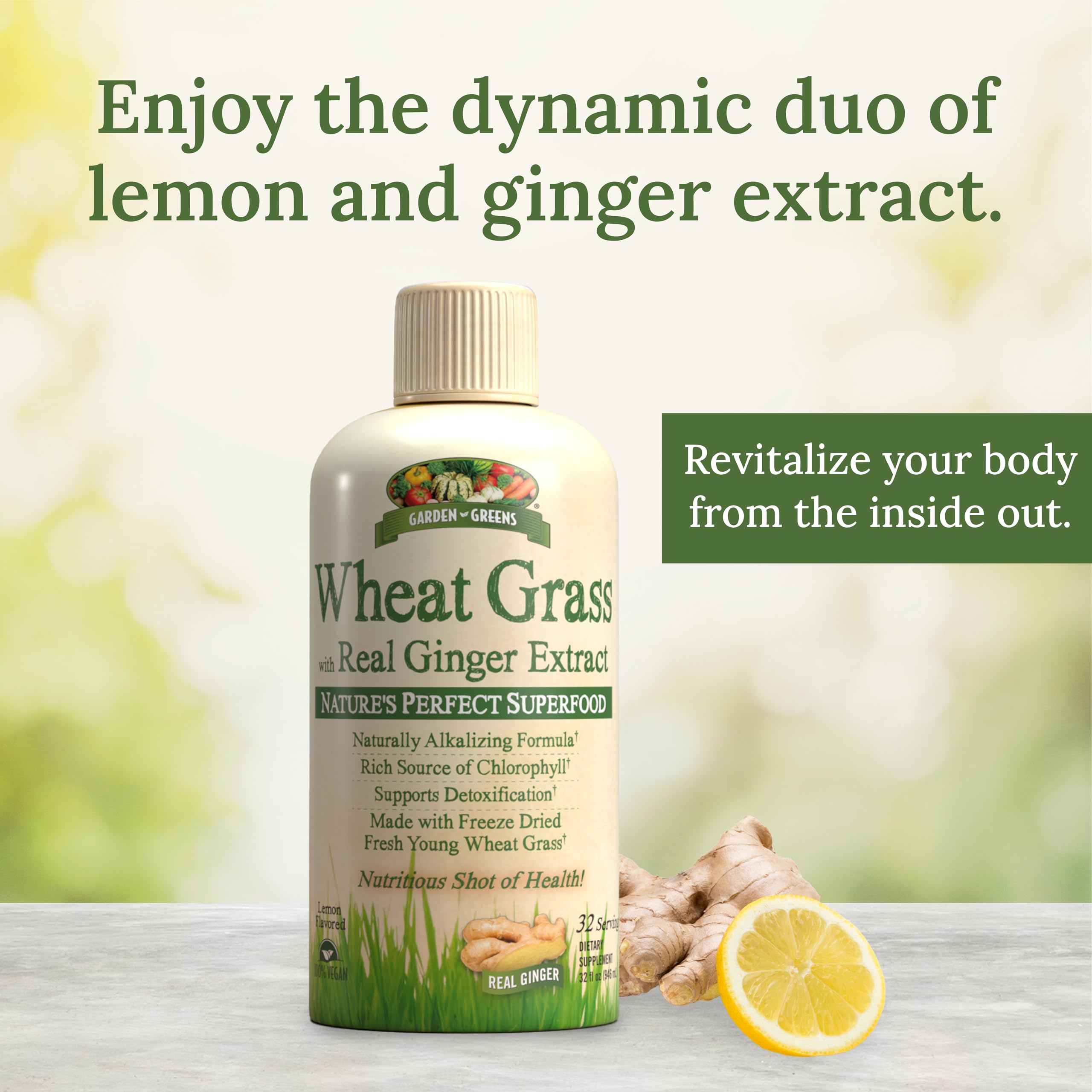 Close-up of lemon zest and ginger atop Garden Greens Wheat Grass Liquid for vibrant flavor.