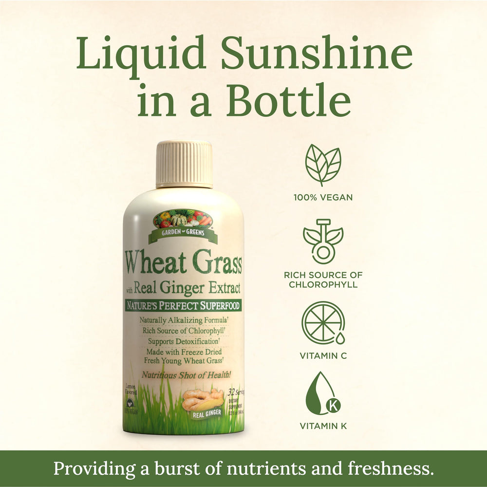 Garden Greens Wheat Grass Liquid packaging label shown for easy storage and labeling.