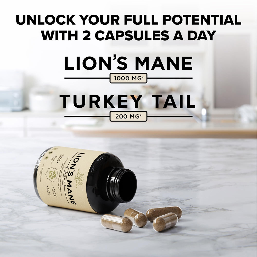 Closeup of Garden of Herbz Lions Mane capsules for easy brain support.