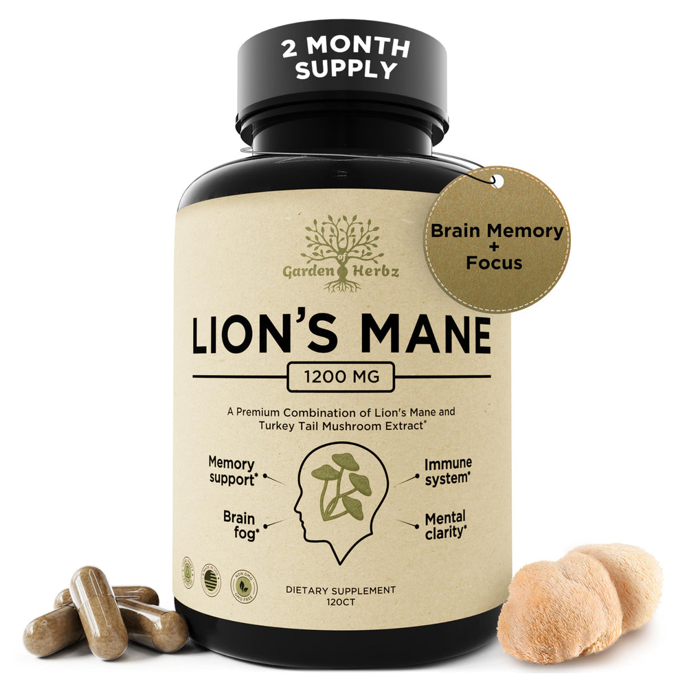 Garden of Herbz Lions Mane Turkey Tail bottle for daily focus and clarity.