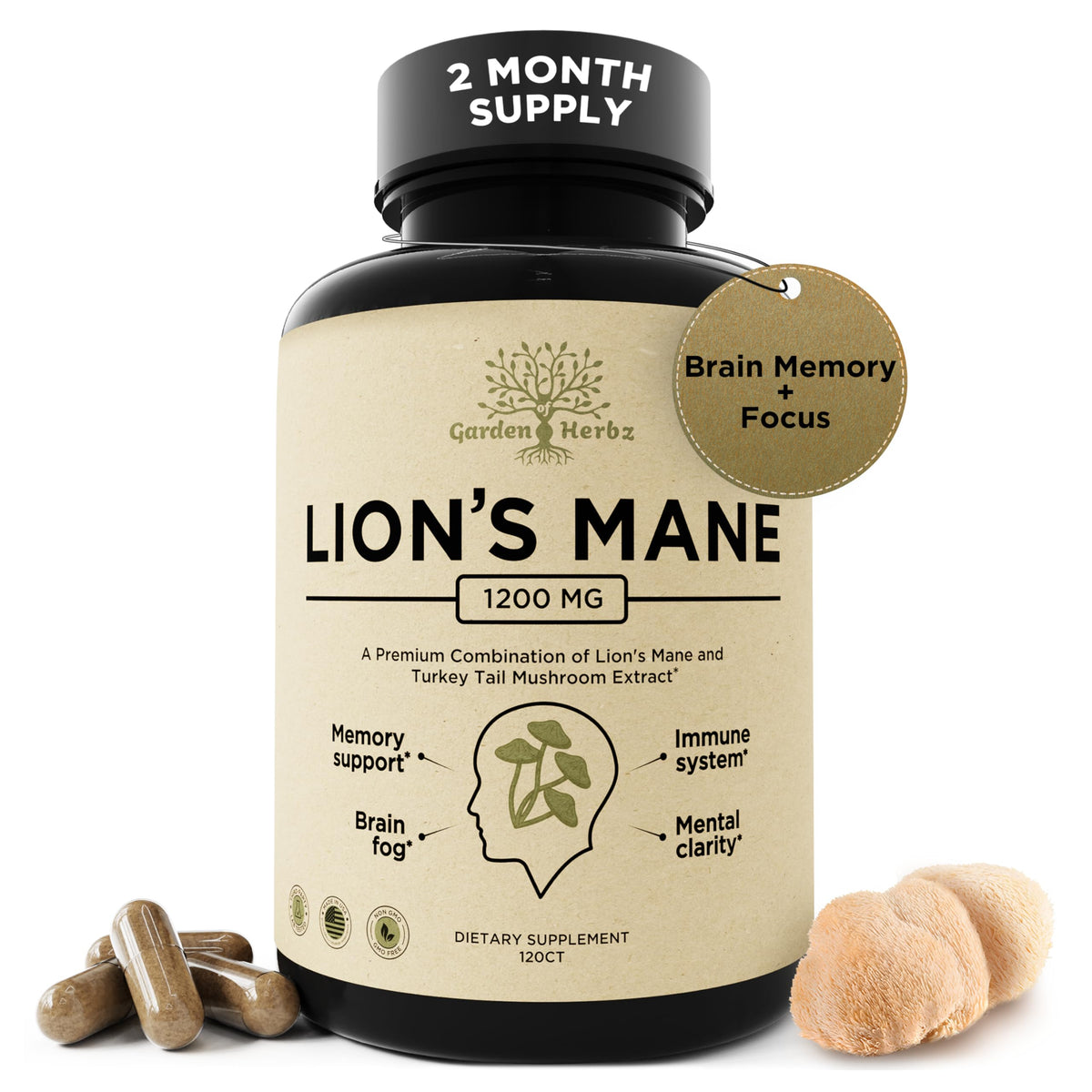 Garden of Herbz Lions Mane Turkey Tail bottle for daily focus and clarity.