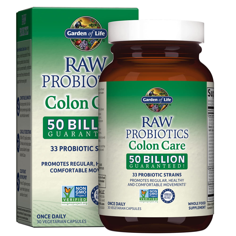 Garden of Life Colon Care bottle highlighting probiotic potency and 50B CFU