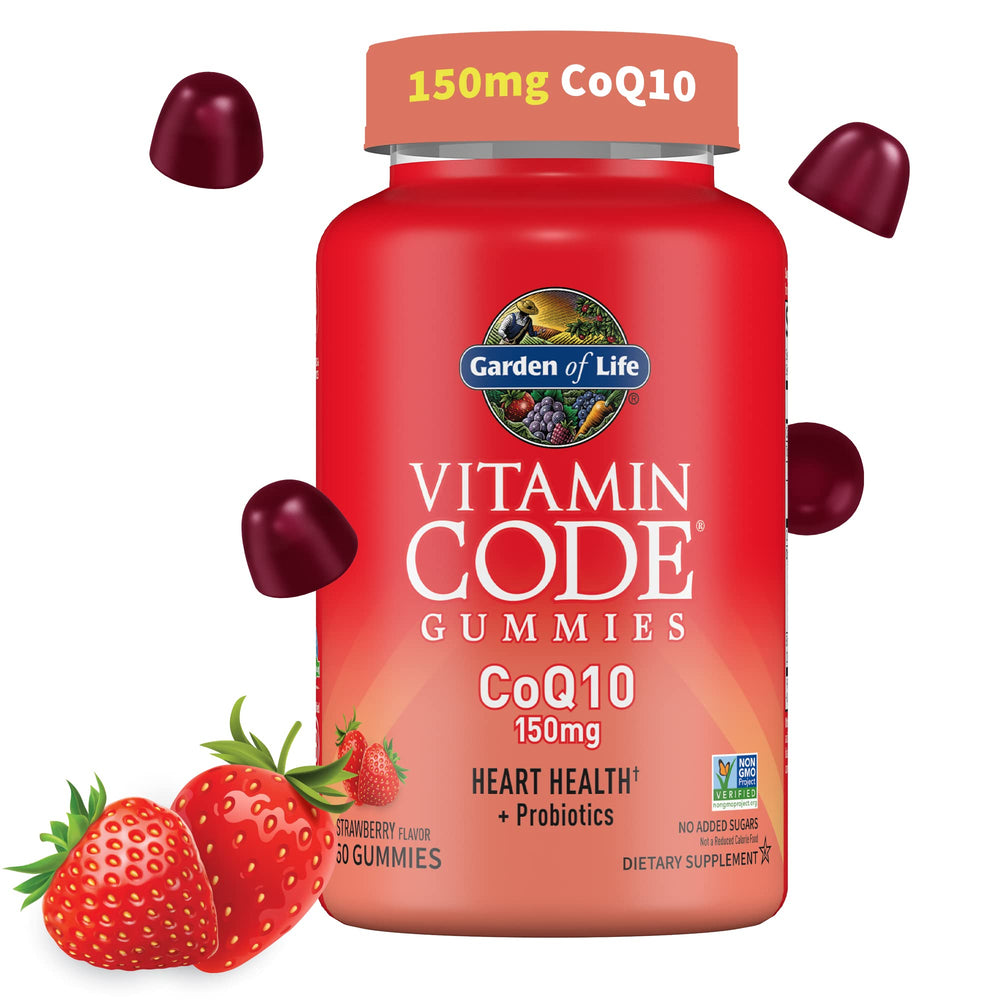 Garden of Life CoQ10 Gummies strawberry bottle showcases heart health support and energy potential.