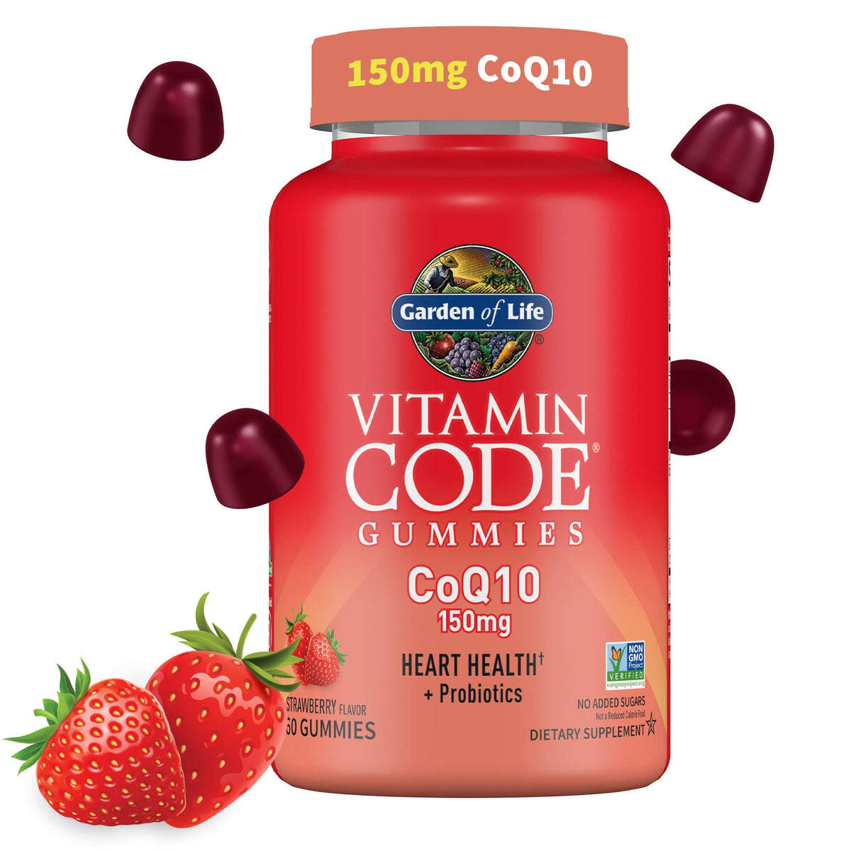 Garden of Life CoQ10 Gummies strawberry bottle showcases heart health support and energy potential.
