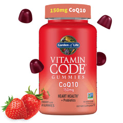 Garden of Life CoQ10 Gummies strawberry bottle showcases heart health support and energy potential.