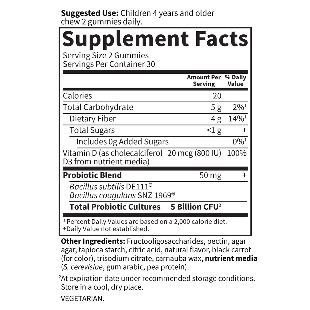 Gummies shown with less than 1g sugar per serving for kids.