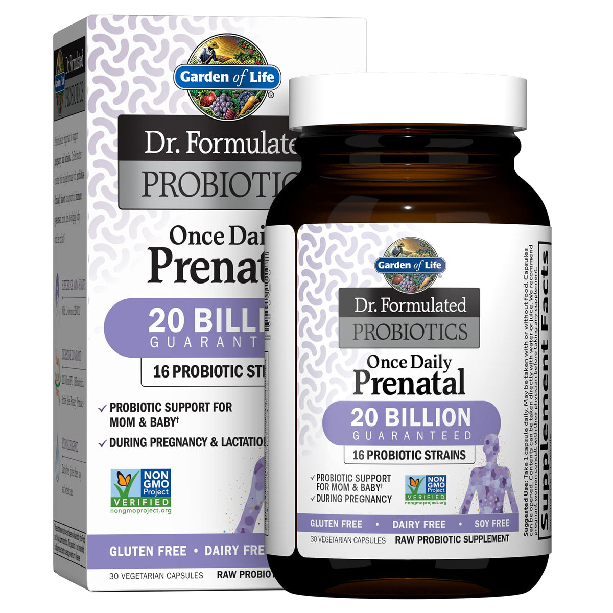 Garden of Life Dr. Formulated Once Daily Prenatal bottle showing easy-to-take capsules for mom and baby.