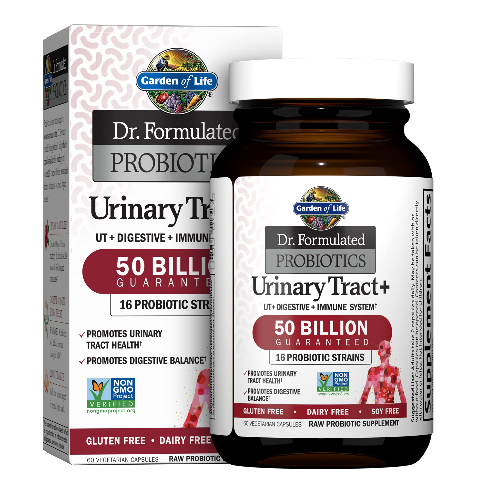 Garden of Life Dr Formulated Urinary Tract+ bottle front shows UT support and wellness.