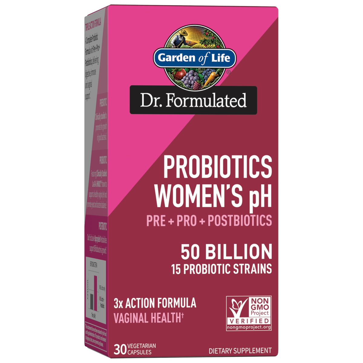 Garden of Life Dr Formulated Women's pH Probiotics bottle with shelf-stable design for daily use.