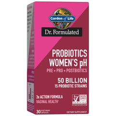 Garden of Life Dr Formulated Women's pH Probiotics bottle with shelf-stable design for daily use.