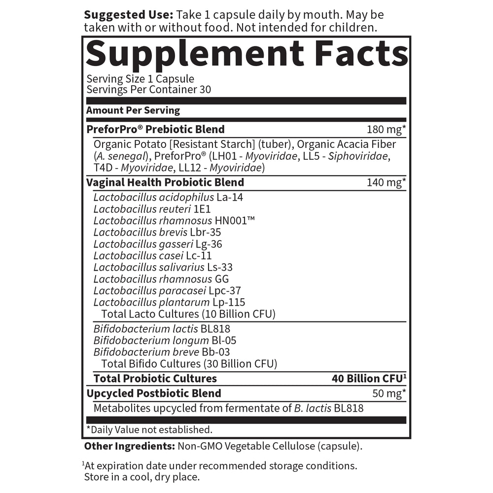 Garden of Life Femini Ph Daily Care bottle back label highlights key ingredients and benefits