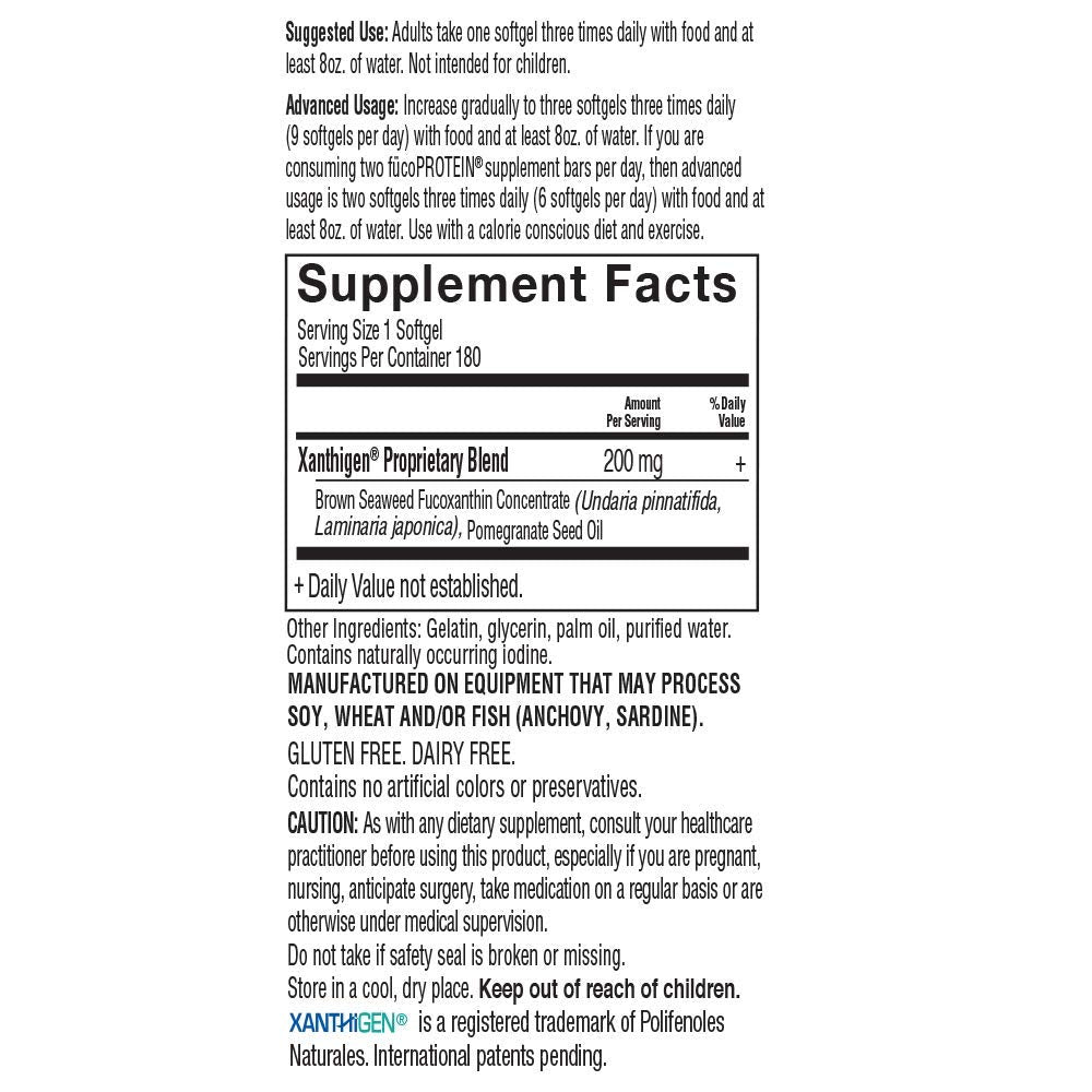 Garden of Life FucoThin xanthigen ingredients emphasize fucoxanthin and pomegranate oil.