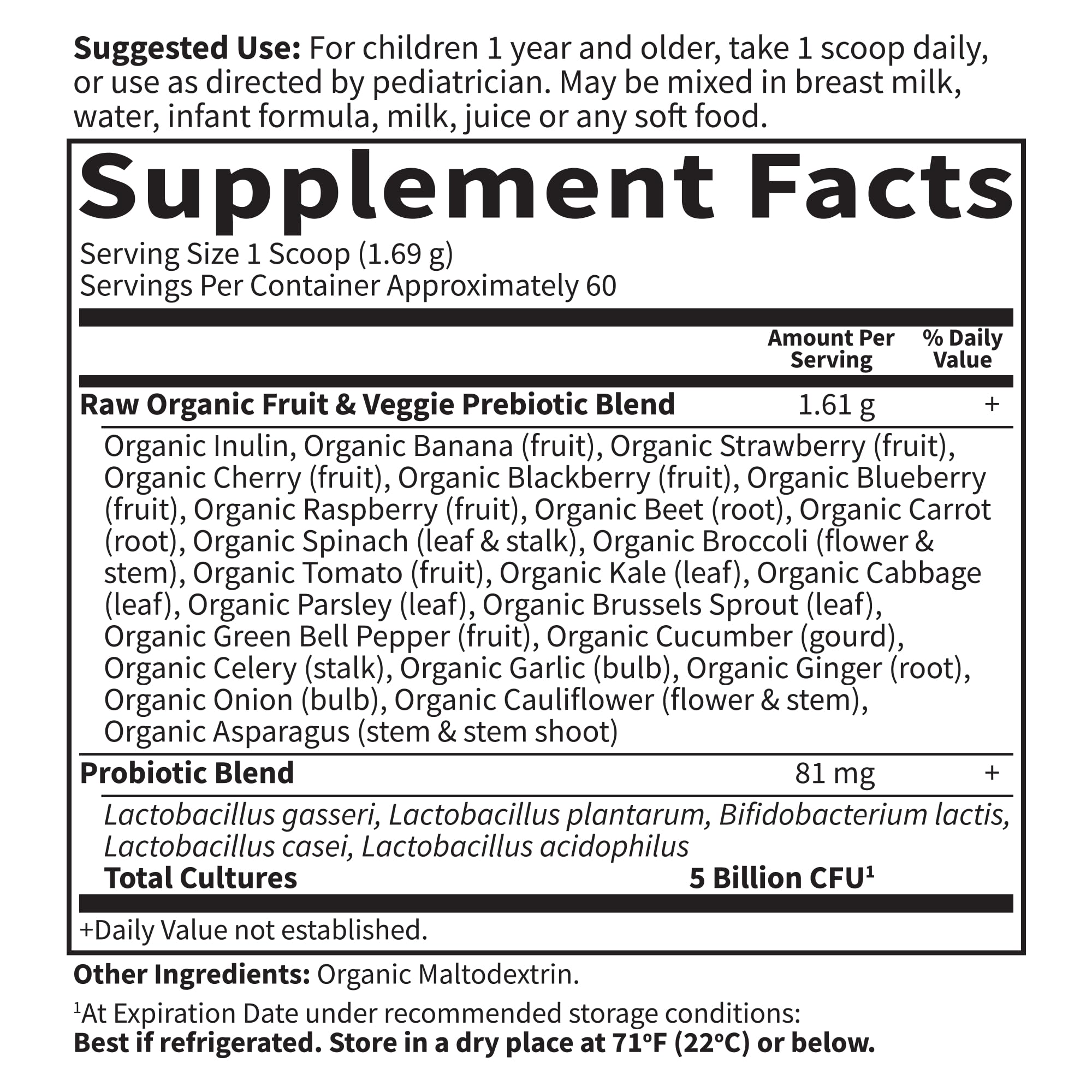 Garden of Life Kids label highlights organic, non-GMO, gluten-free, vegan features.