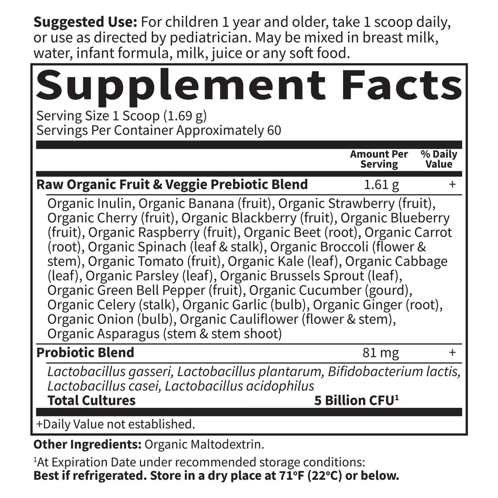 Garden of Life Kids label highlights organic, non-GMO, gluten-free, vegan features.
