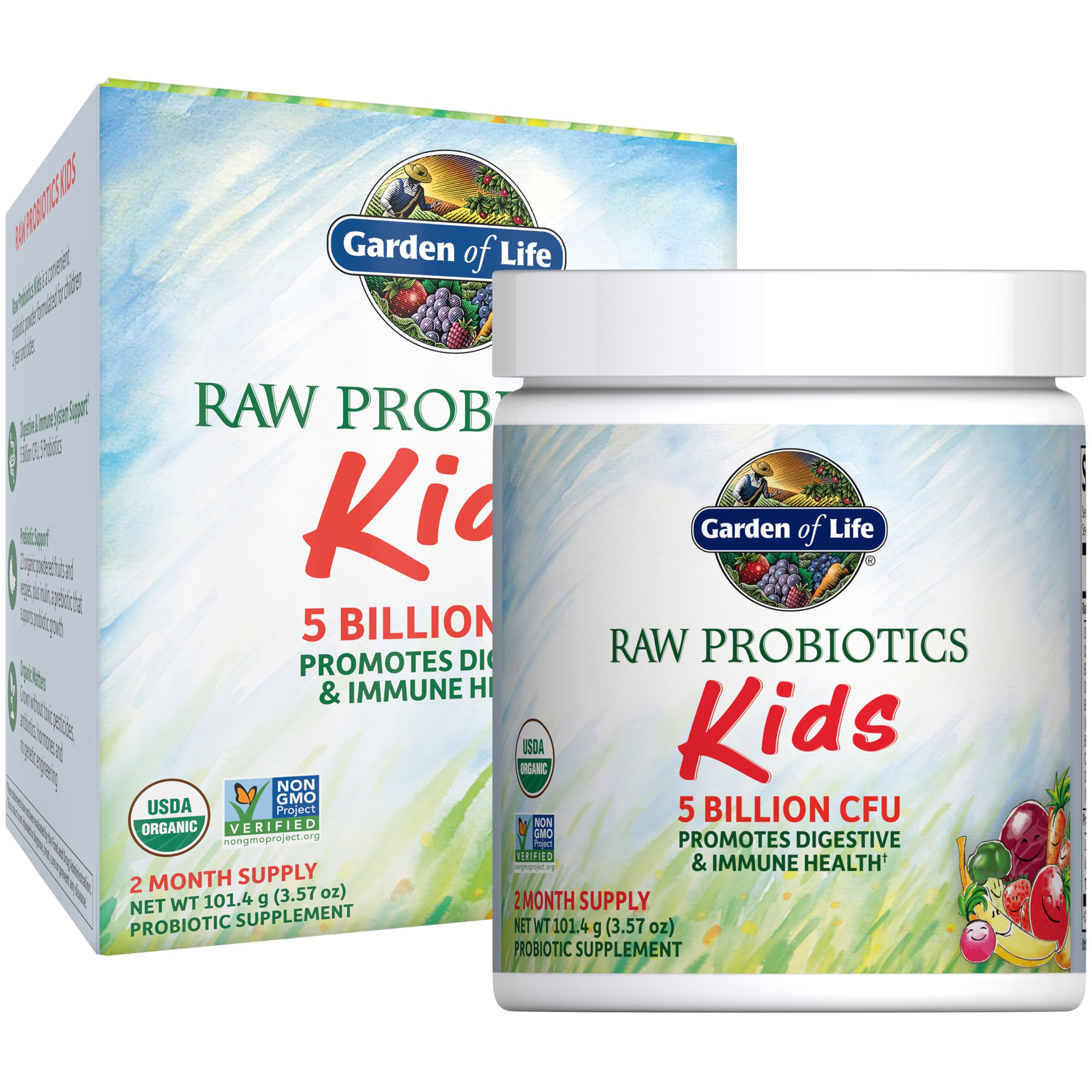 Garden of Life Kids Organic Raw Probiotics bottle supports digestive balance for children.