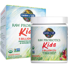 Garden of Life Kids Organic Raw Probiotics bottle supports digestive balance for children.