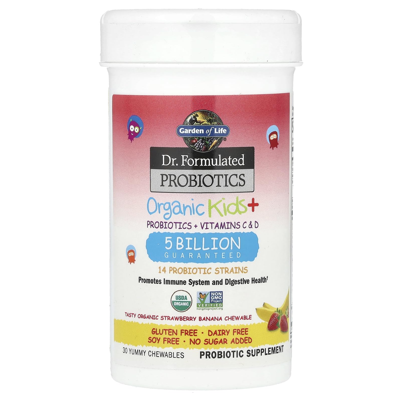 Garden of Life Kids Probiotics 15 probiotic strains label highlights gut health benefits.